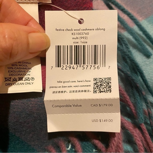 NWT~KATE SPADE Multicolor Festive Check Wool Cashmere Scarf - Picture 5 of 7